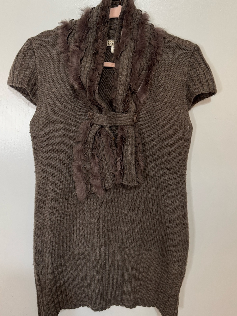 Women’s Taupe Faux-Fur Trim Knit Sweater - Cozy SS Casual